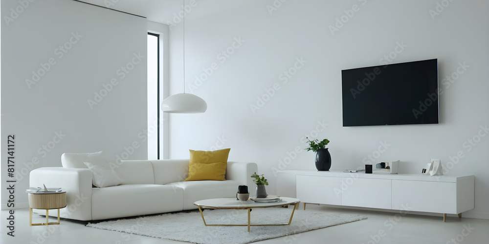 Bright and airy living room with white couch, minimalist decor, and flat screen tv