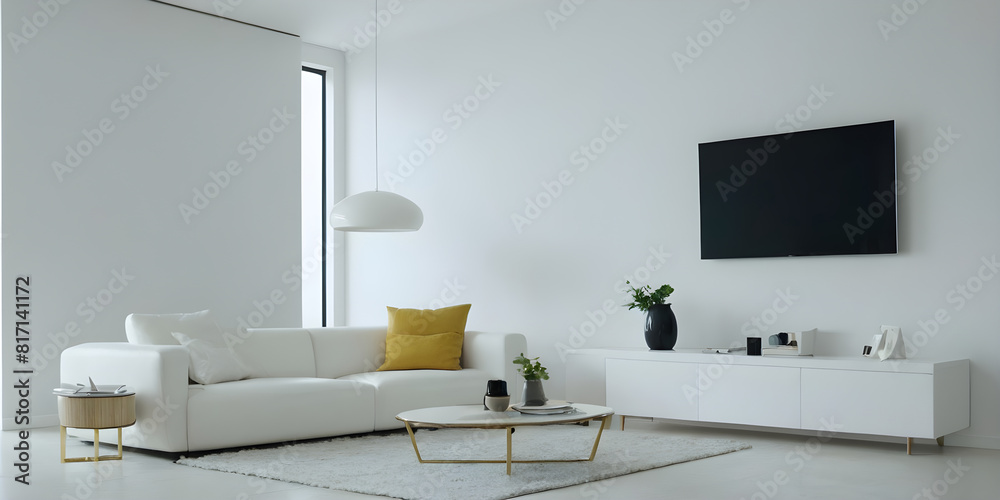 Bright and airy living room with white couch, minimalist decor, and flat screen tv Bright and airy living room with white couch, minimalist decor, and flat screen tv