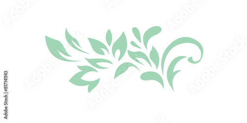 Abstract pattern  decorative element  clip art with stylized leaves  flowers and curls in light green lines on white background. Vintage ornate