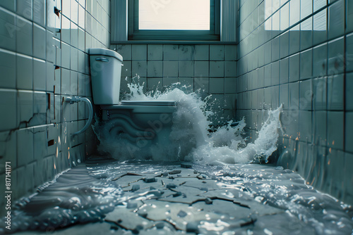 Overflowing toilet disaster in modern bathroom
