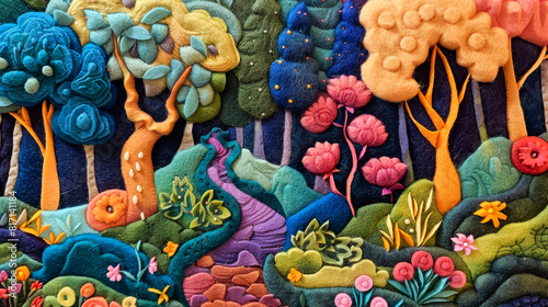 A colorful painting of a forest with a path and trees. The painting is full of bright colors and has a whimsical, playful feel to it