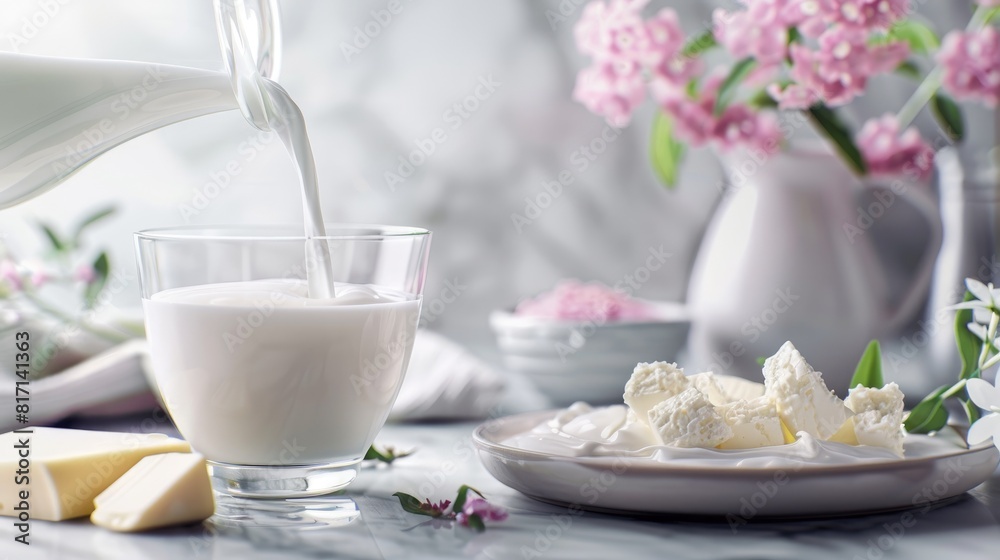 Celebrating World Milk Day with a nutritious breakfast spread pouring dairy goodness into a glass set upon a sleek marble table Celebrating World Milk Day with a nutritious breakfast spread pouring dairy goodness into a glass set upon a sleek marble table