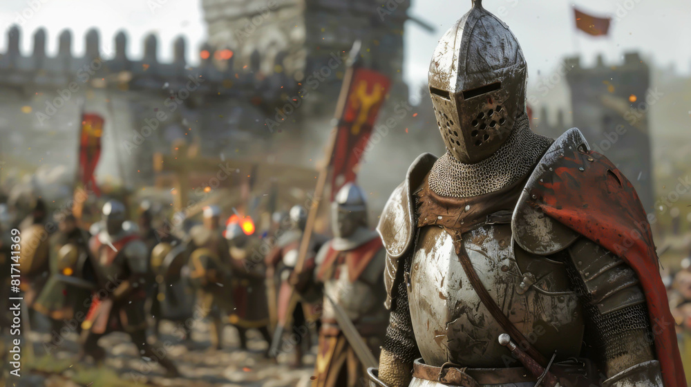 A man in a suit of armor stands in front of a group of soldiers. Scene is intense and serious, as the soldiers are preparing for battle A man in a suit of armor stands in front of a group of soldiers. Scene is intense and serious, as the soldiers are preparing for battle