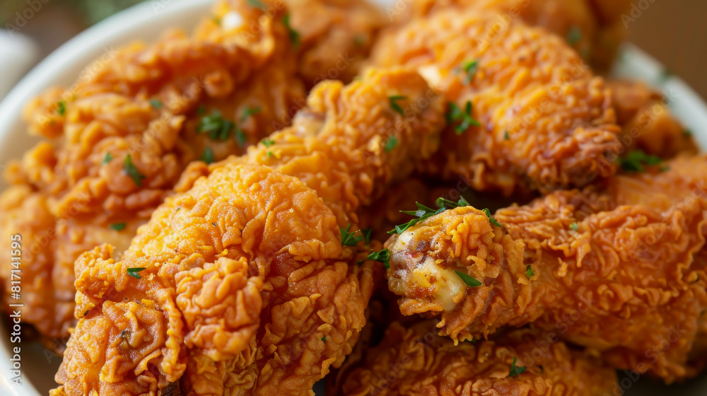 A plate of fried chicken with parsley on top. The chicken is golden brown and crispy. The parsley adds a pop of color and freshness to the dish A plate of fried chicken with parsley on top. The chicken is golden brown and crispy. The parsley adds a pop of color and freshness to the dish