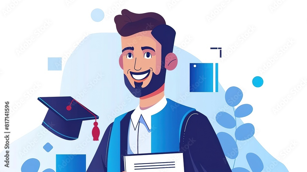 A young male graduate wearing a blue gown and a graduation cap is holding a certificate. He has a beard and a happy expression on his face. A young male graduate wearing a blue gown and a graduation cap is holding a certificate. He has a beard and a happy expression on his face.