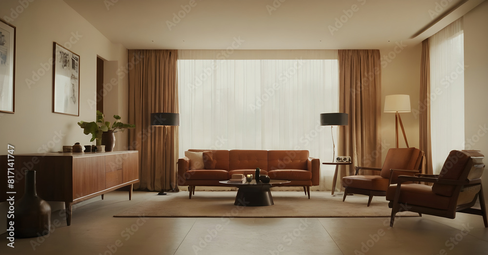 Stylish living room featuring a mid-century modern aesthetic with classic leather furniture, warm lighting, and tasteful home décor Stylish living room featuring a mid-century modern aesthetic with classic leather furniture, warm lighting, and tasteful home décor