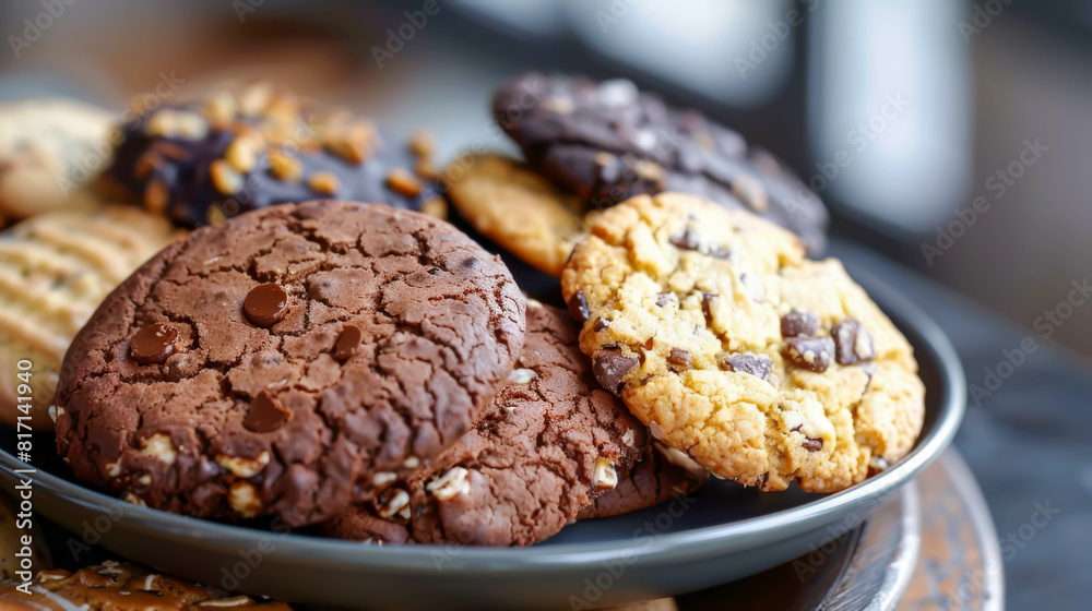 A plate of assorted cookies, including chocolate chip, oatmeal raisin, and peanut butter cookies A plate of assorted cookies, including chocolate chip, oatmeal raisin, and peanut butter cookies