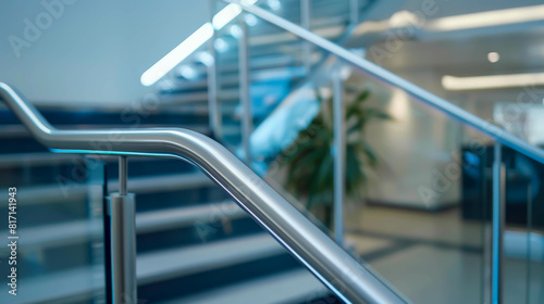 A staircase with a plant in the middle. The staircase is made of metal and has a shiny, modern look. The plant is tall and green, adding a touch of nature to the space