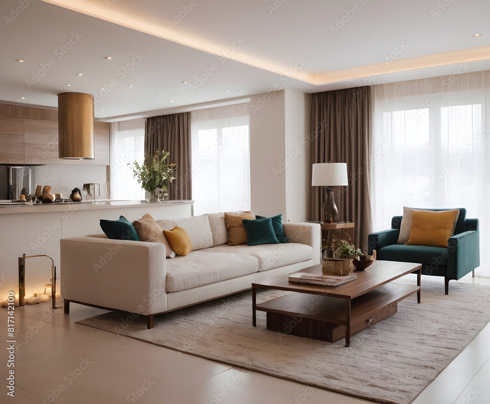 Stylish furnishings and natural light create a cozy, upscale ambiance in a contemporary living room with neutral tones and sheer curtains Stylish furnishings and natural light create a cozy, upscale ambiance in a contemporary living room with neutral tones and sheer curtains
