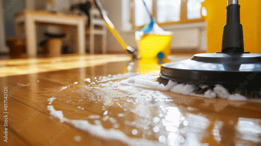 Fototapeta premium A floor is wet and a mop is being used to clean it. The mop is yellow and black