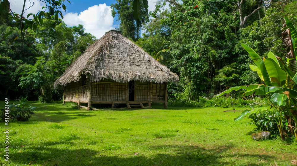 A small hut with a thatched roof sits in a lush green field. The hut is surrounded by trees and a banana tree is visible in the background. The scene is peaceful and serene
