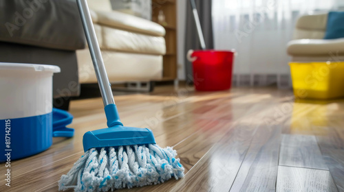 A blue and white mop is leaning against a wall. The room is clean and tidy. The mop is ready to be used