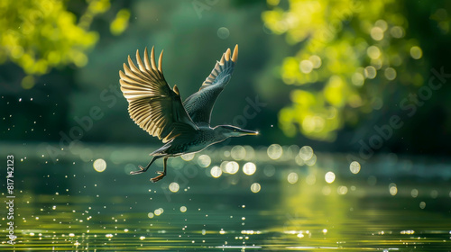 A bird is flying over a body of water, creating ripples in the water. The scene is serene and peaceful, with the bird soaring high above the water photo