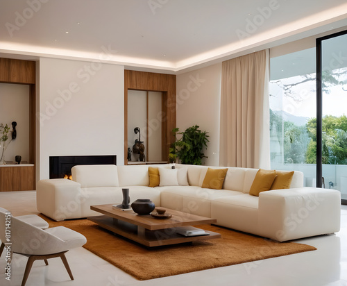 Spacious and stylish living room featuring a large white sofa  contemporary design  natural light  and a serene view through floor-to-ceiling windows