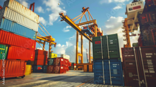 A large container ship is docked at a port with many other containers. The scene is bustling with activity as workers load and unload cargo. Scene is busy and industrious