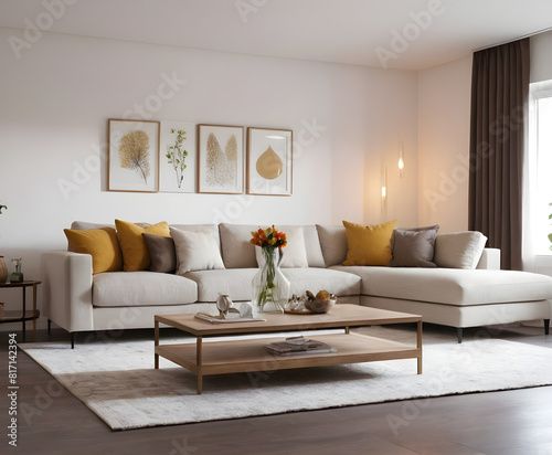 Contemporary living room with a chic neutral color scheme  pops of vibrant yellow  and a coffee table adorned with fresh flowers