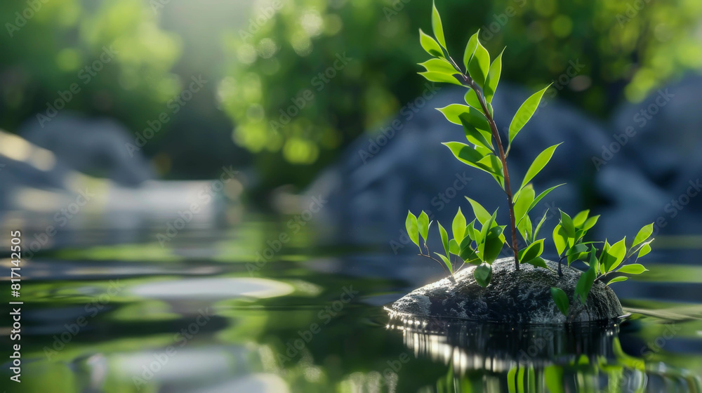 Naklejka premium A small plant is growing on a rock in a body of water. Concept of tranquility and natural beauty, as the plant is surrounded by the calm waters and the peaceful environment