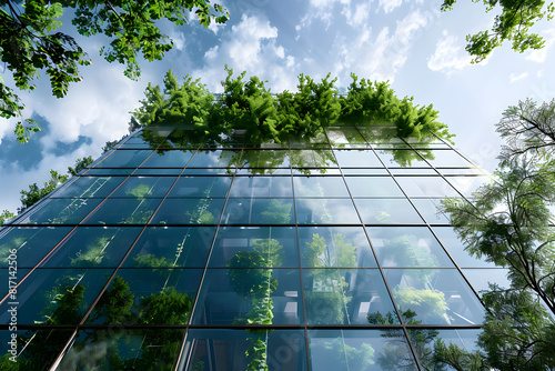 Sustainable architecture: modern building with green roof and trees