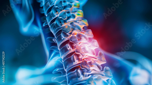 A close up of a spine with a red and blue color scheme. The spine is shown in a 3D format, with the blue color representing the bones and the red color representing the inflammation