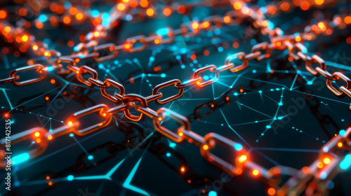 A chain of links is shown in a blue and orange color scheme. The image is abstract and has a futuristic feel to it. The chain of links is shown in a close up photo
