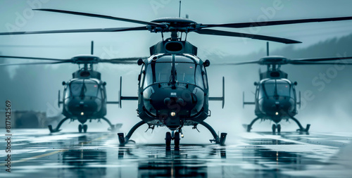 Three black helicopters are lined up on a wet runway. Concept of readiness and preparedness, as the helicopters are positioned for takeoff or landing. The wet runway adds an element of challenge photo