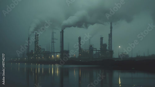 A foggy night with a large industrial plant in the background. The smoke from the plant is visible in the air