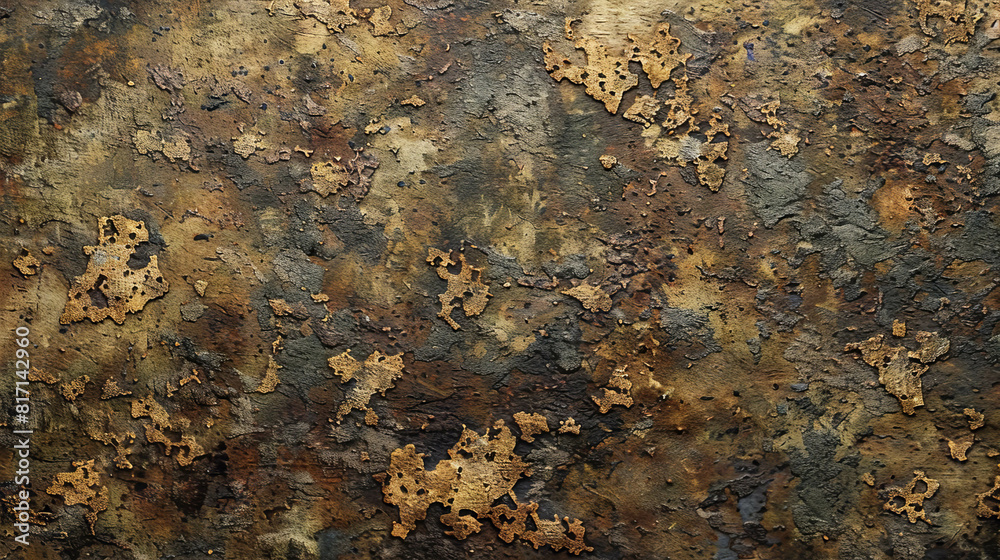 The image is of a wall with a lot of rust and dirt on it. The wall appears to be old and worn down, with a lot of peeling paint and cracks. Scene is one of decay and neglect