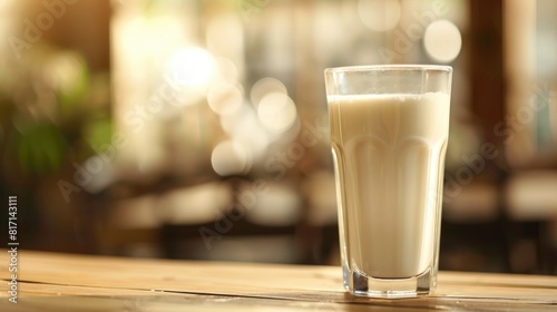Celebrate World Milk Day with a refreshing glass of white milk sitting on a charming wooden desk with a dreamy blurred background in a close up shot Wishing you a joyous Milk Day filled with