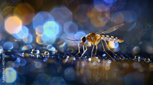 A mosquito is standing on a wet surface. The water droplets on the surface create a blurry effect, giving the image a dreamy, ethereal quality photo