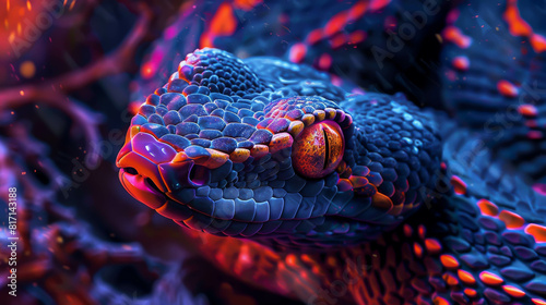 A snake with a blue head and red eyes. The snake is in a forest with a fire in the background