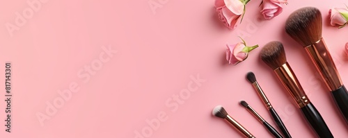 Makeup brushes and pink roses on a pink background. Flat lay composition with place for text.