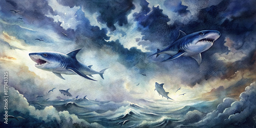 A dramatic illustration of sharks racing under stormy skies, creating a sense of intensity and adrenaline.