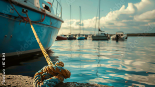 A blue boat with a yellow rope tied to it is in a marina with several other boats © VicenSanh