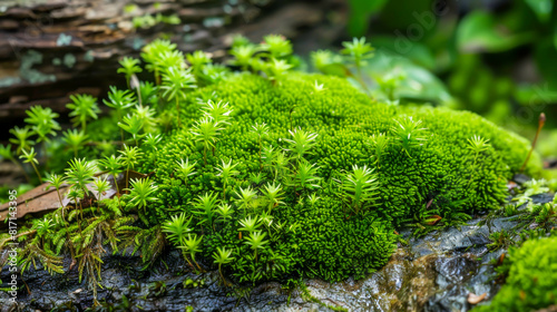A rock covered in green moss and plants. The moss is covering the rock in a thick layer, giving it a lush and vibrant appearance. Concept of tranquility and natural beauty, as the moss