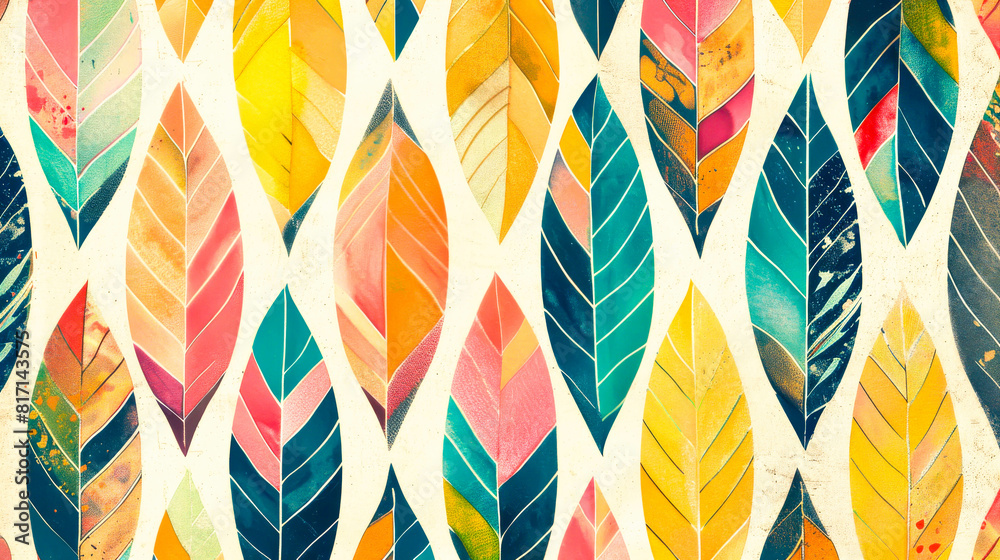 A colorful leaf pattern with a variety of colors and shapes. The leaves are arranged in a way that creates a sense of movement and flow. Scene is vibrant and lively, with a sense of energy A colorful leaf pattern with a variety of colors and shapes. The leaves are arranged in a way that creates a sense of movement and flow. Scene is vibrant and lively, with a sense of energy