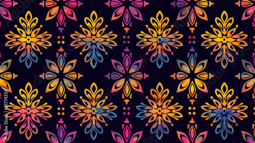 A colorful floral pattern with a black background. The flowers are in various colors and sizes, and they are arranged in a way that creates a sense of movement and energy. Scene is vibrant and lively