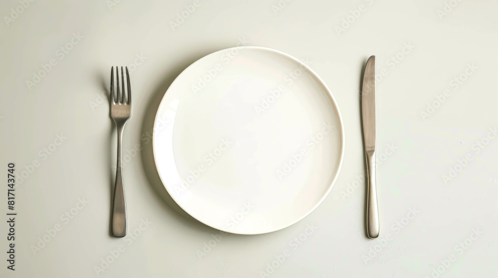 A silver fork and knife are on a white plate. The plate is empty, and the silverware is clean. Concept of simplicity and minimalism, with the focus on the basic elements of a meal