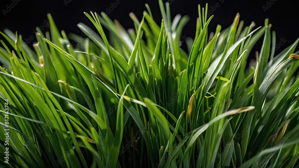 Obraz premium Close up of vibrant fresh wheatgrass with dew drops on the leaves