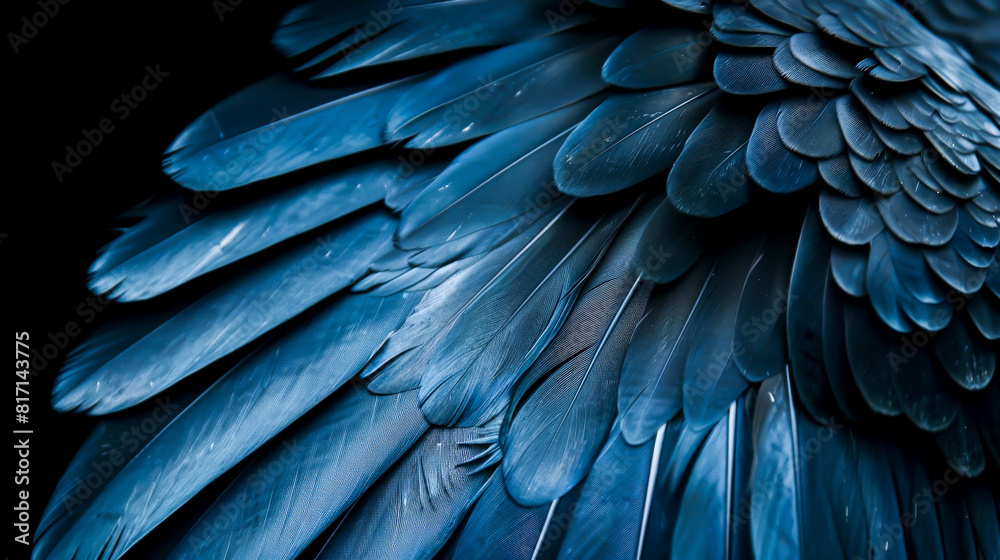 Fototapeta premium A close up of a bird's wing with blue feathers. The wing is shown in detail, with each feather clearly visible. The blue color of the feathers creates a sense of calmness and serenity