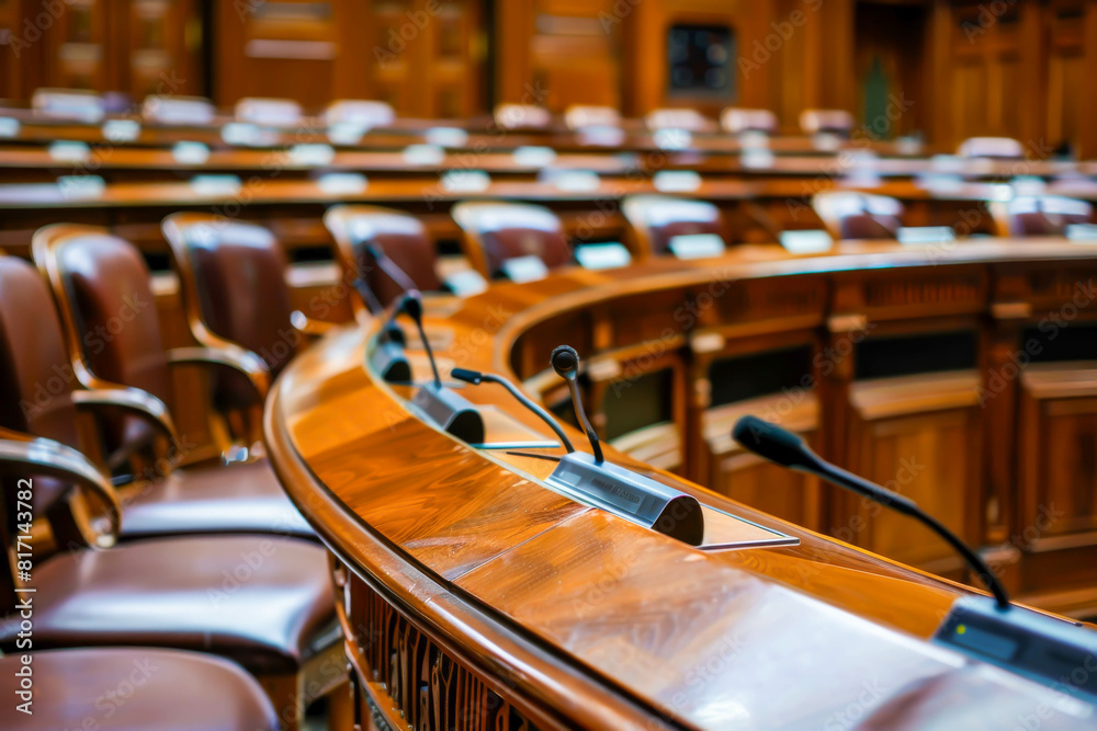 Naklejka premium A wooden conference table with microphones and chairs