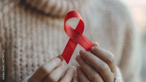 A red AIDS awareness ribbon rests delicately on a woman s hand against a soft white background symbolizing the global drive for public support in combating HIV STDs and heart disease on Wor photo
