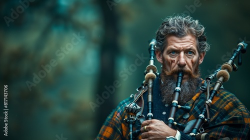 Male in traditional Scottish kilt playing bagpipes, deep forest green background