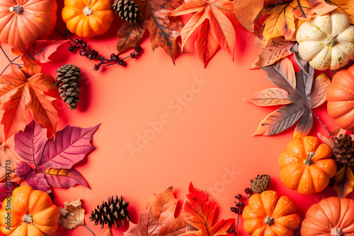 Autumn leaves making a border on orange background  copy space