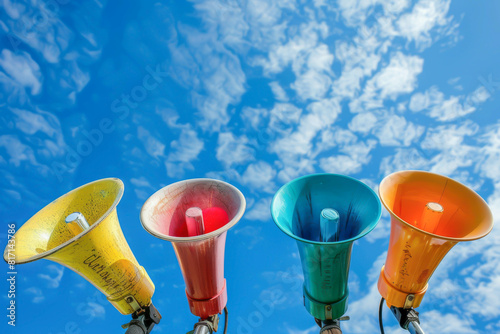 Four large, colorful speakers are mounted on a pole, facing the sky. The speakers are of different colors, and they are all turned on