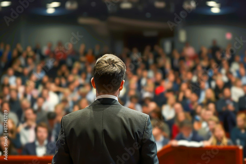 A man stands in front of a crowd, giving a speech. The audience is attentive and engaged, listening to the man's words. The atmosphere is serious and focused, as the man speaks with confidence