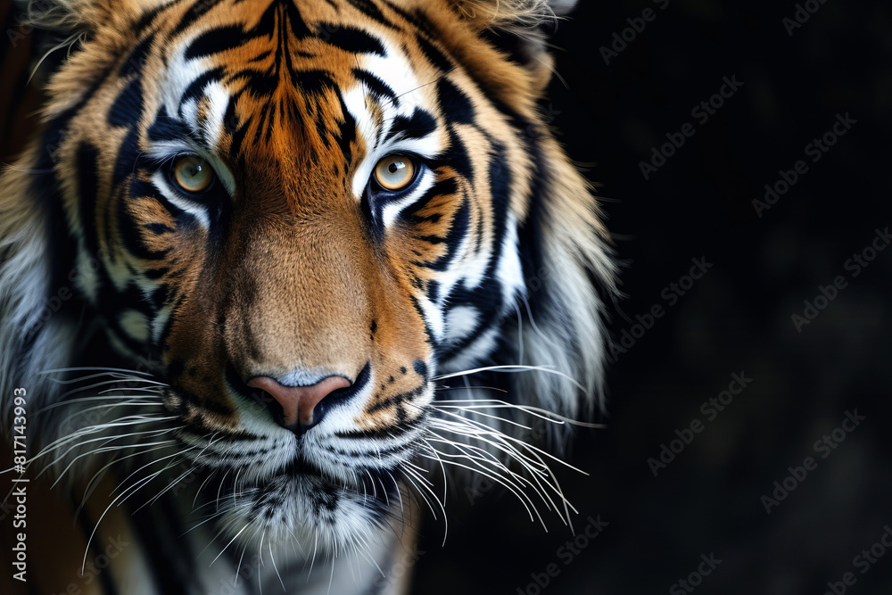 Portrait of a tiger's face on a dark background.