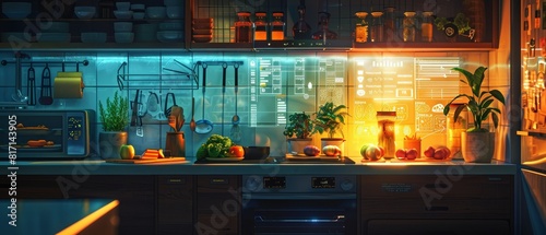 AI Meal Planner A digital assistant projecting a holographic menu and nutritional breakdown in a cozy kitchen © Rossarin