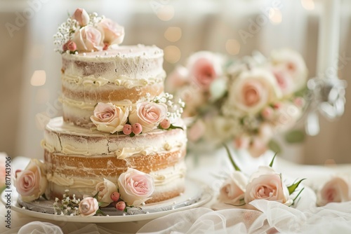A wedding cake adorned with roses sits on a table