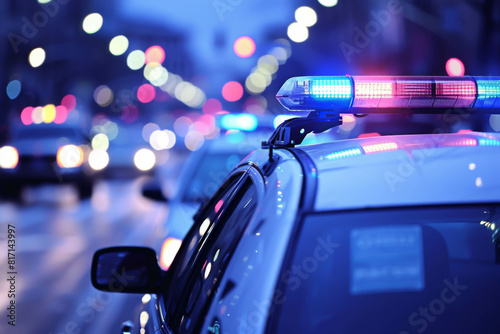 A police car with a blue and red light on top. The car is parked on a street with other cars