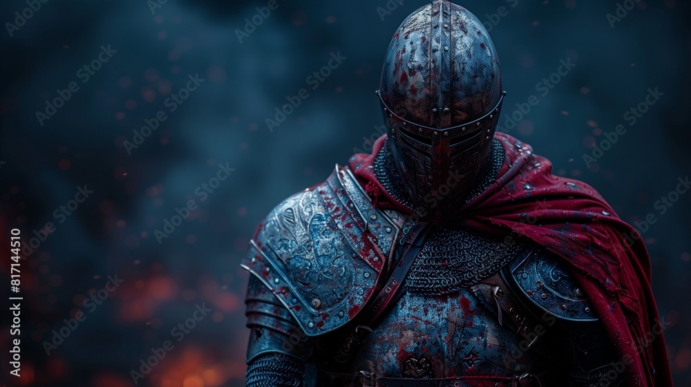 Man in medieval knight armor, standing solemnly, deep indigo backdrop
